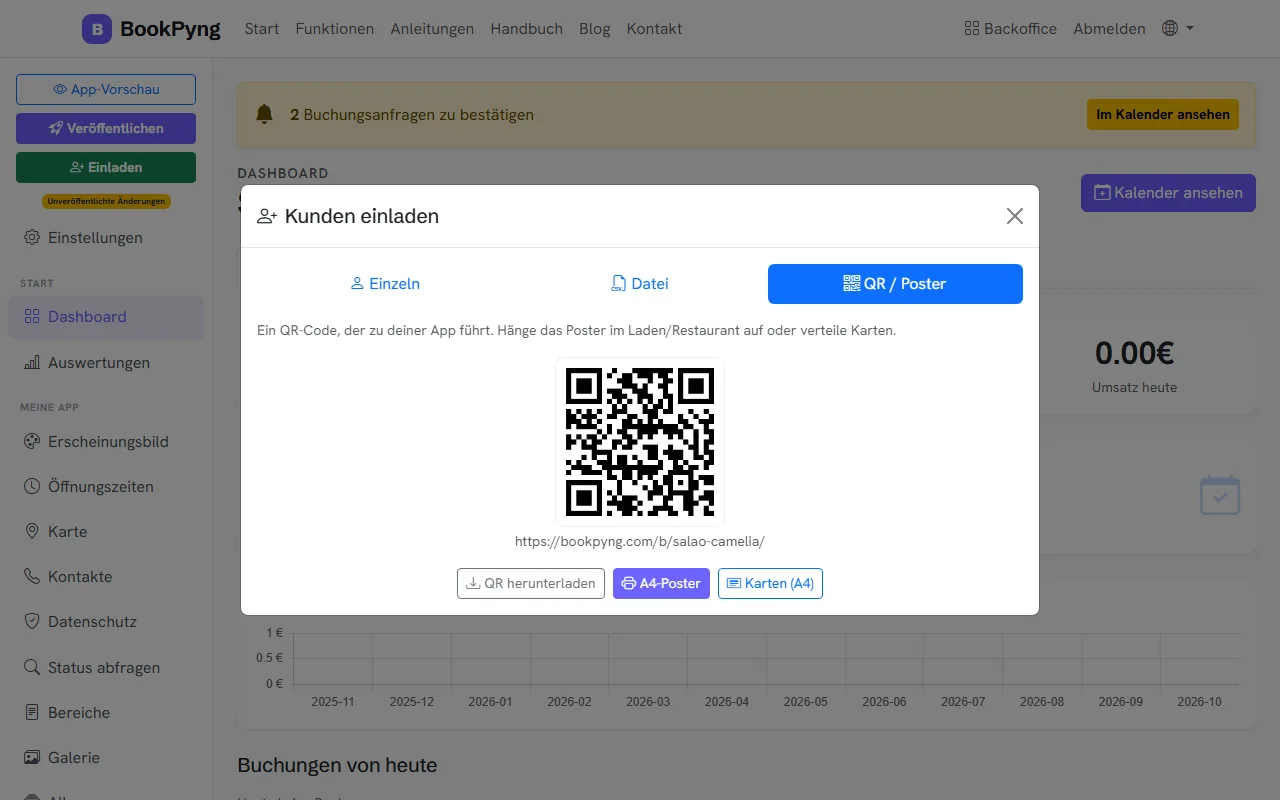 Kunden einladen: Link, Datei oder QR.