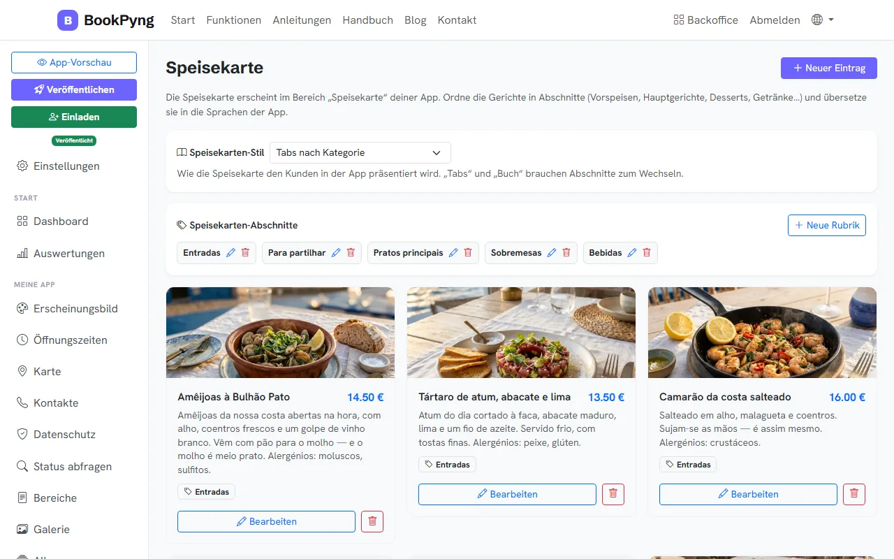 Die Speisekarte eines Restaurants.