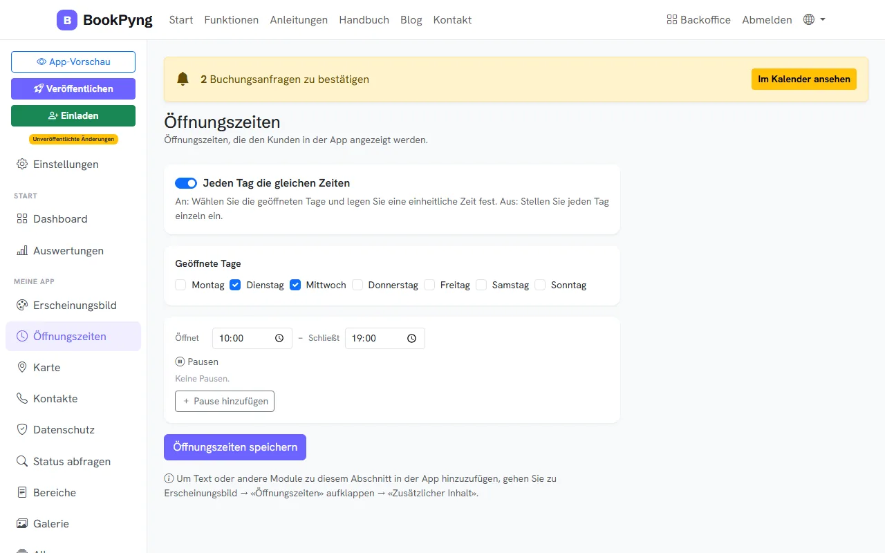 Die Öffnungszeiten.