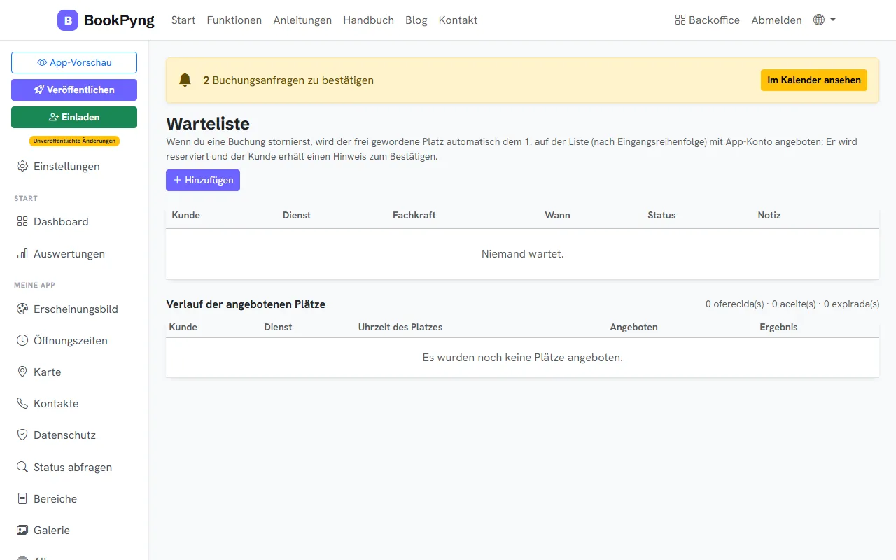 Die Warteliste und der Verlauf angebotener Termine.