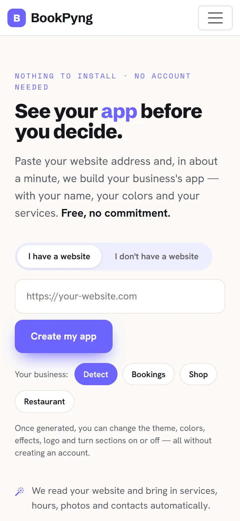 The assistant screen: paste your website address.