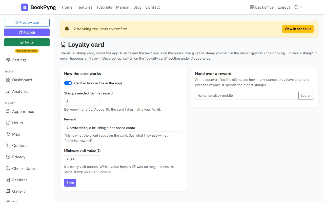 Setting up the loyalty card.