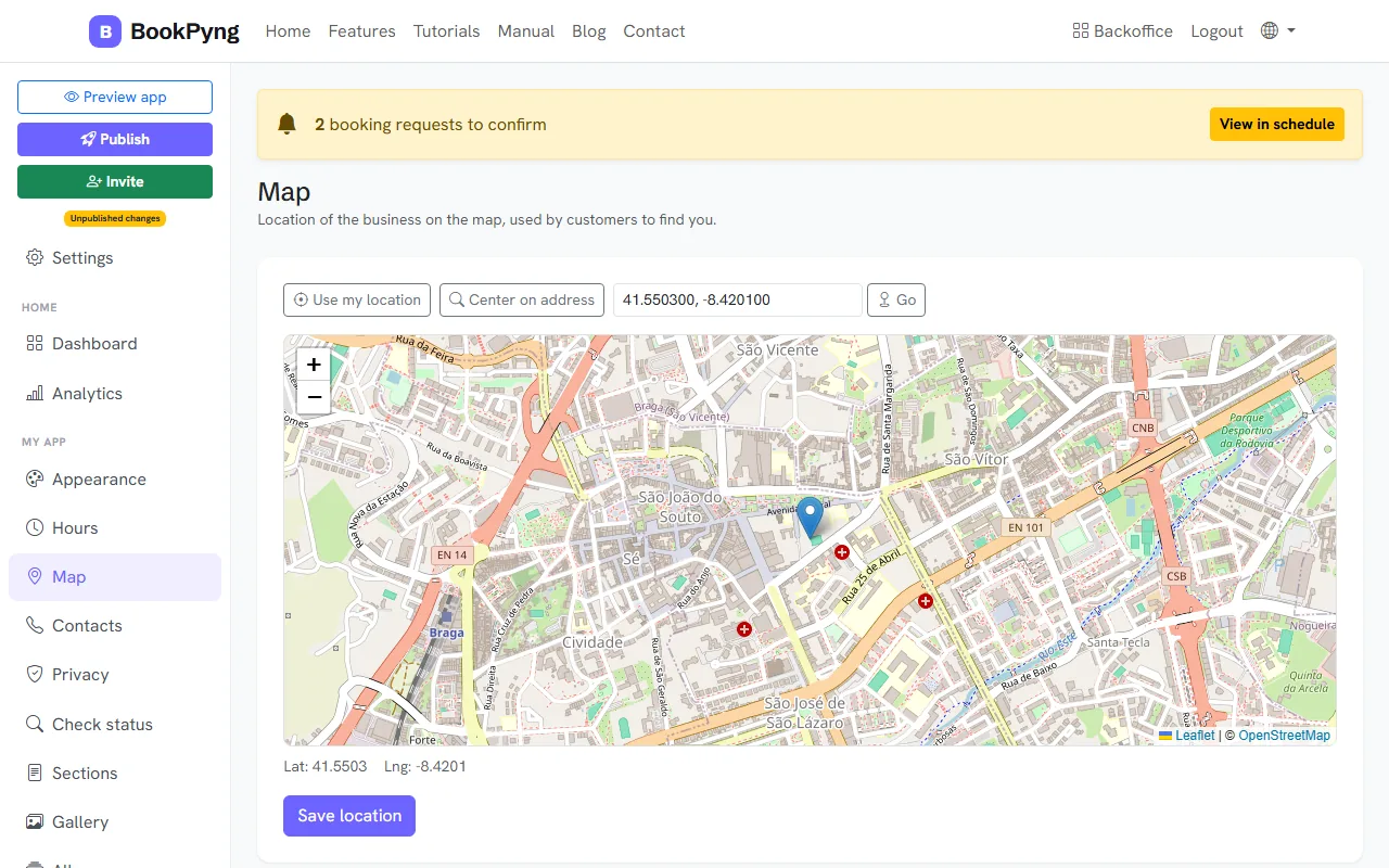 The location on the map.