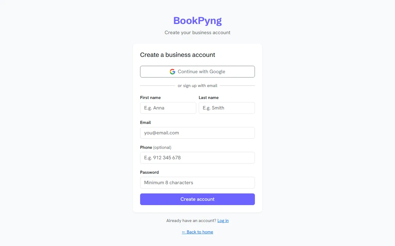 The business account sign-up page.