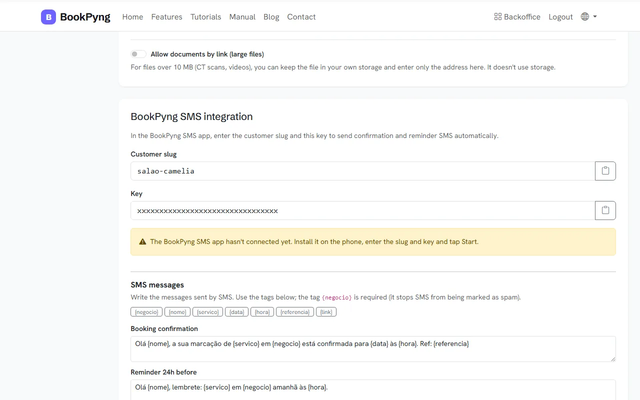 The SMS integration and messages, in Settings.