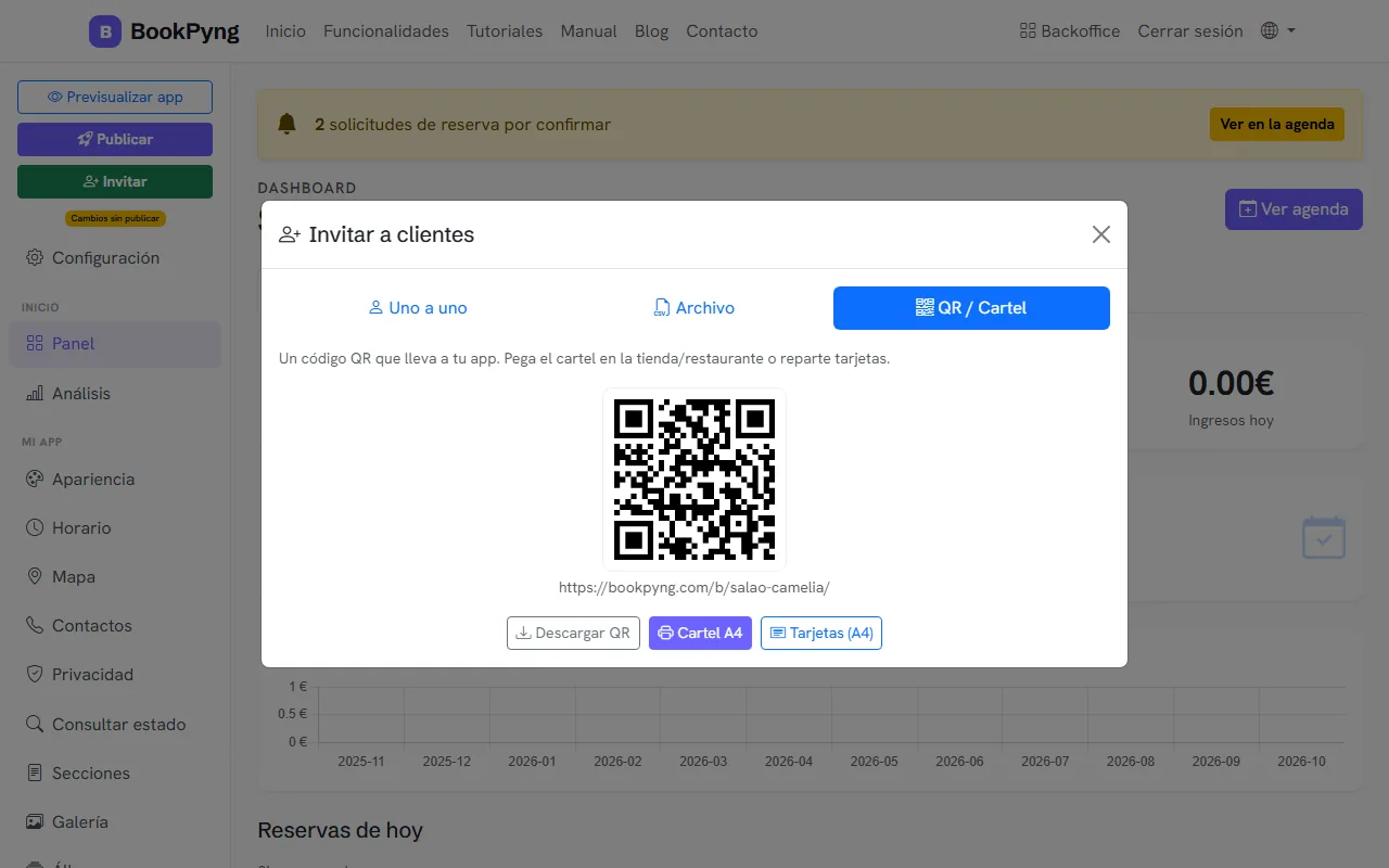 Invitar clientes: enlace, archivo o QR.
