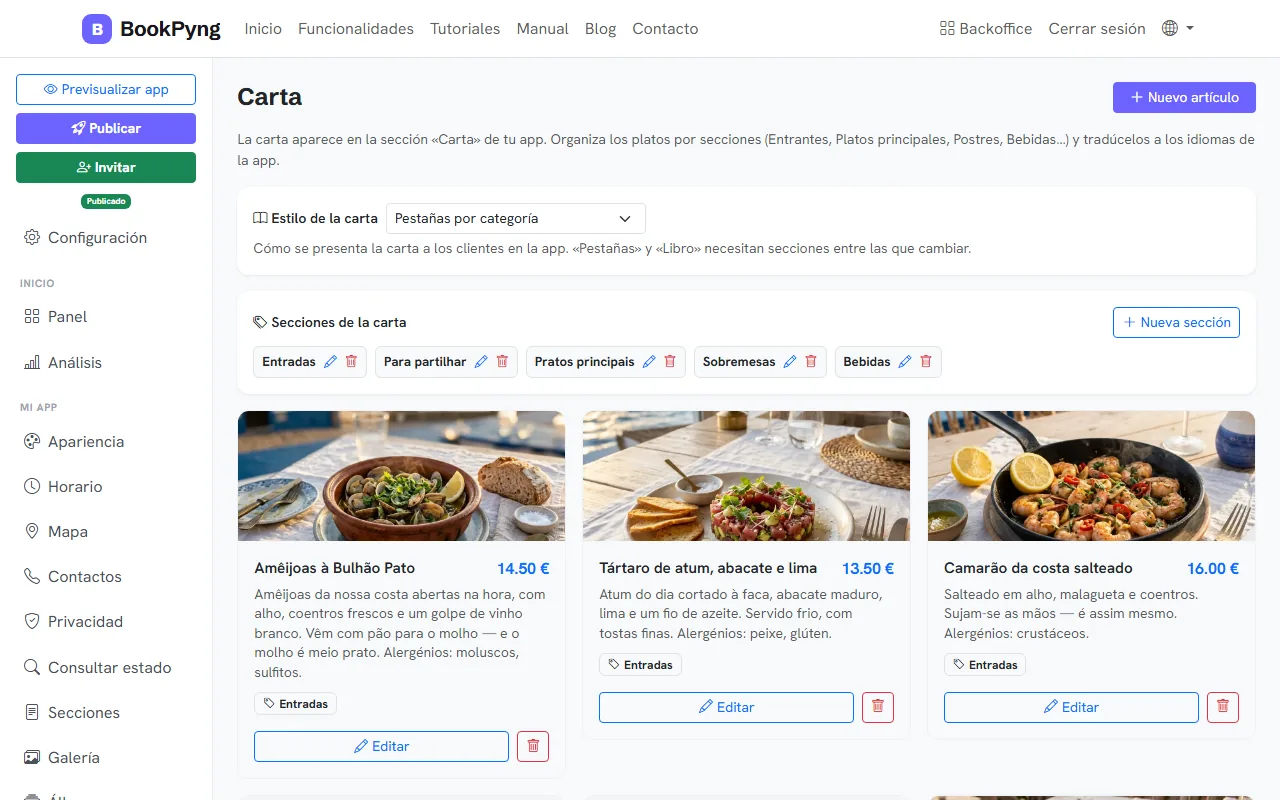La carta de un restaurante.