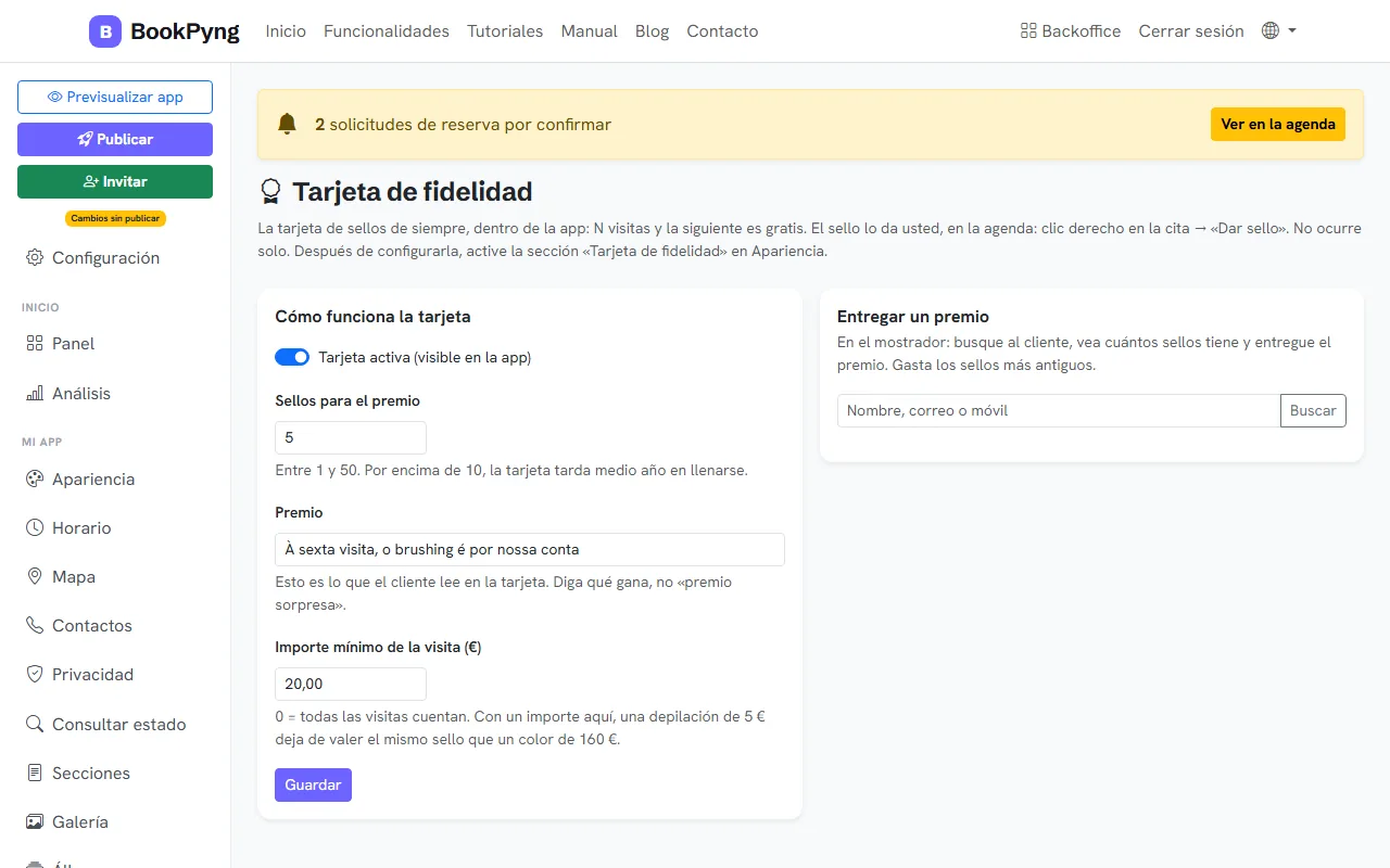 La configuración de la tarjeta de fidelidad.