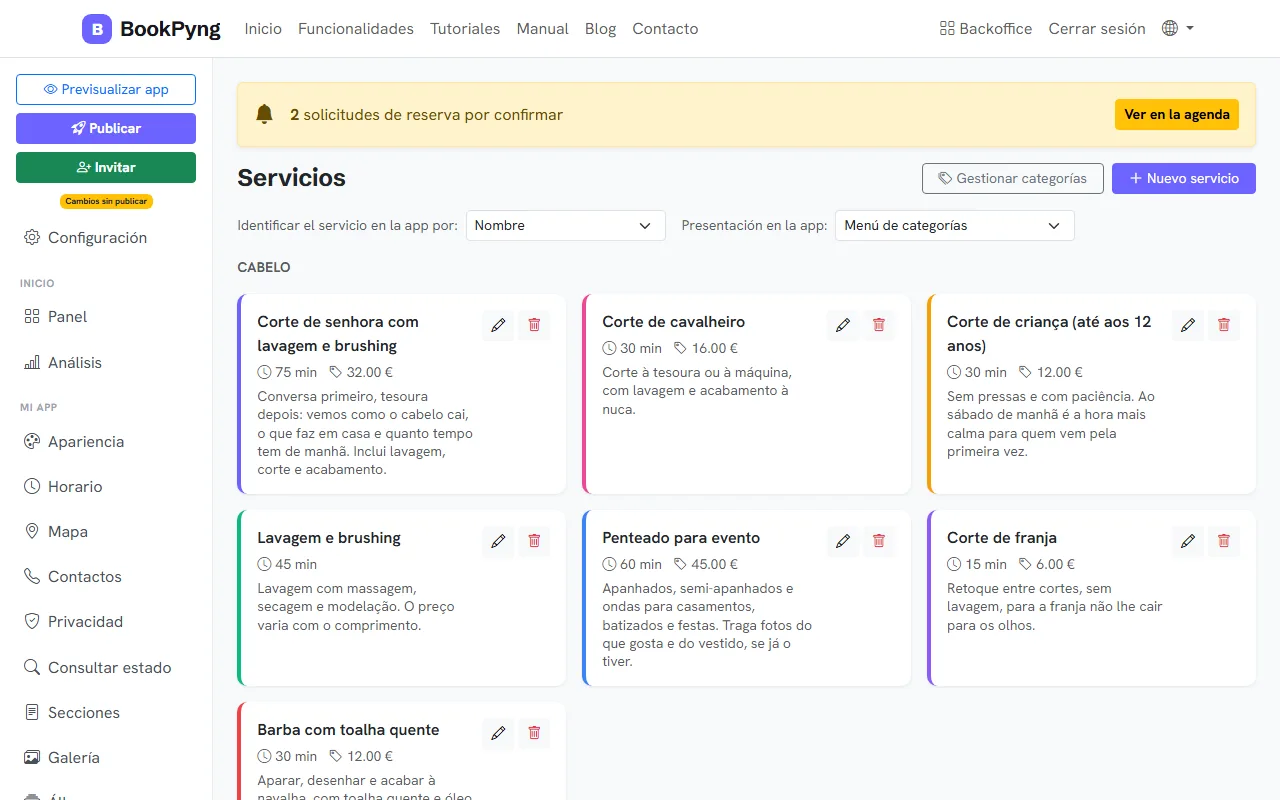 La lista de servicios.