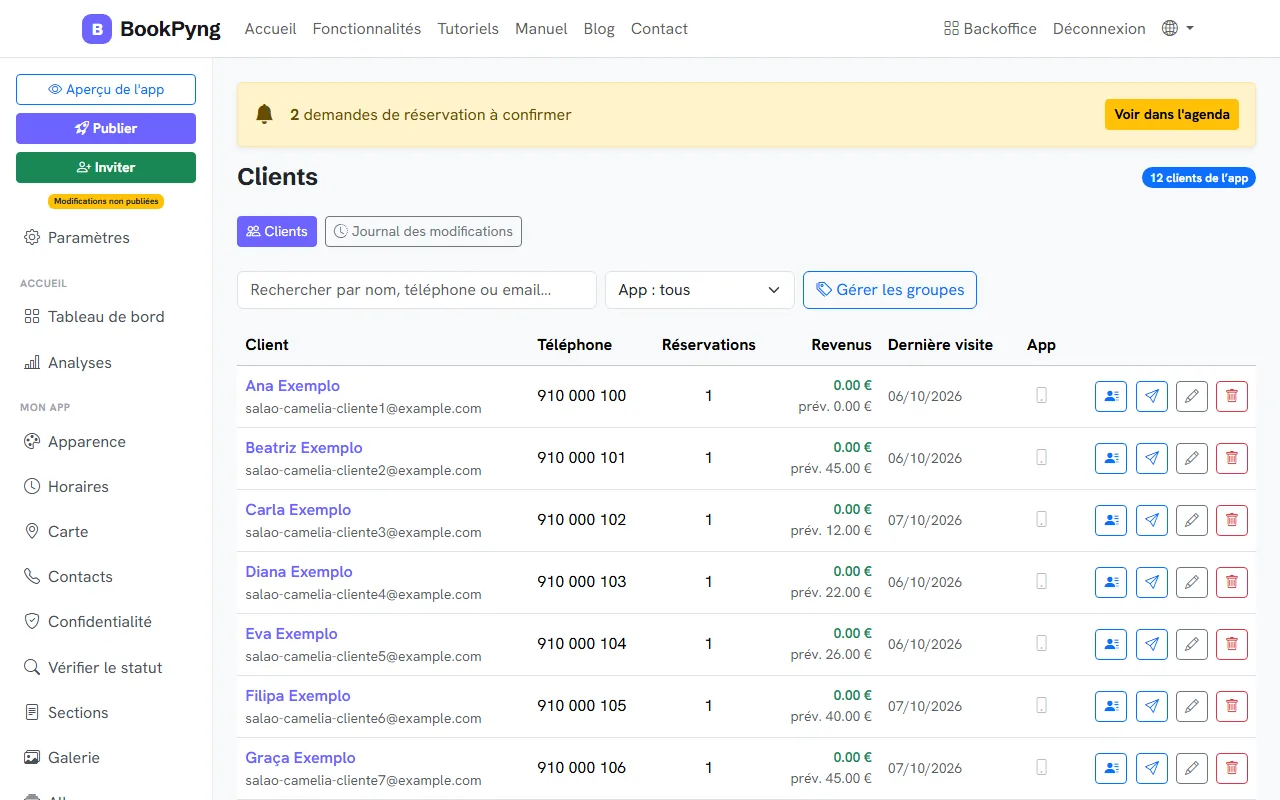 La liste des clients.