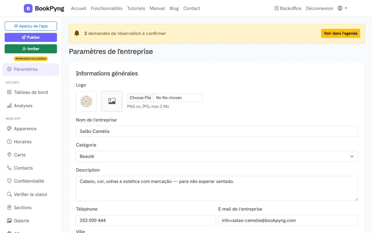 Paramètres du commerce.