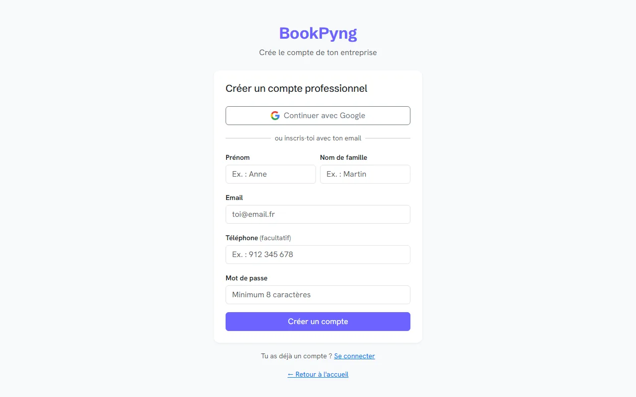 La page d’inscription du compte professionnel.