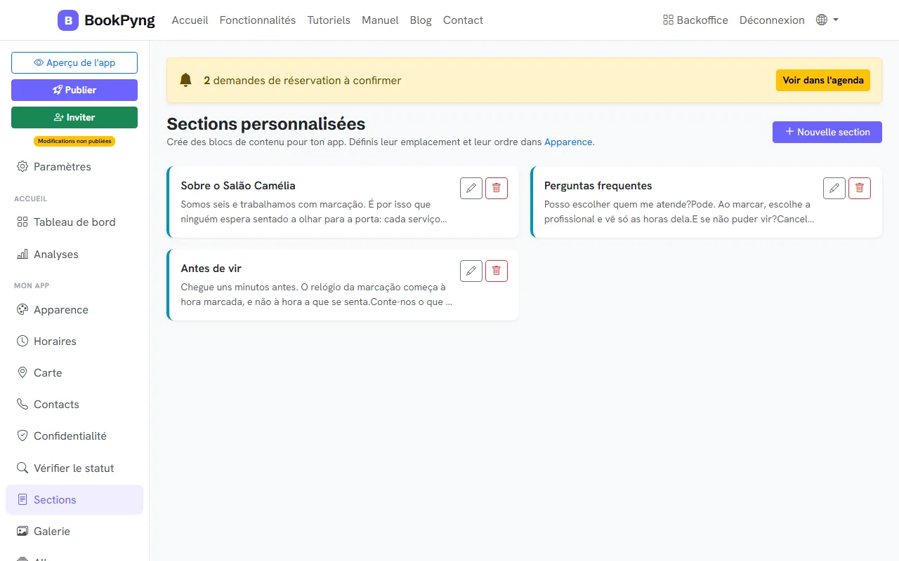 Les sections personnalisées.