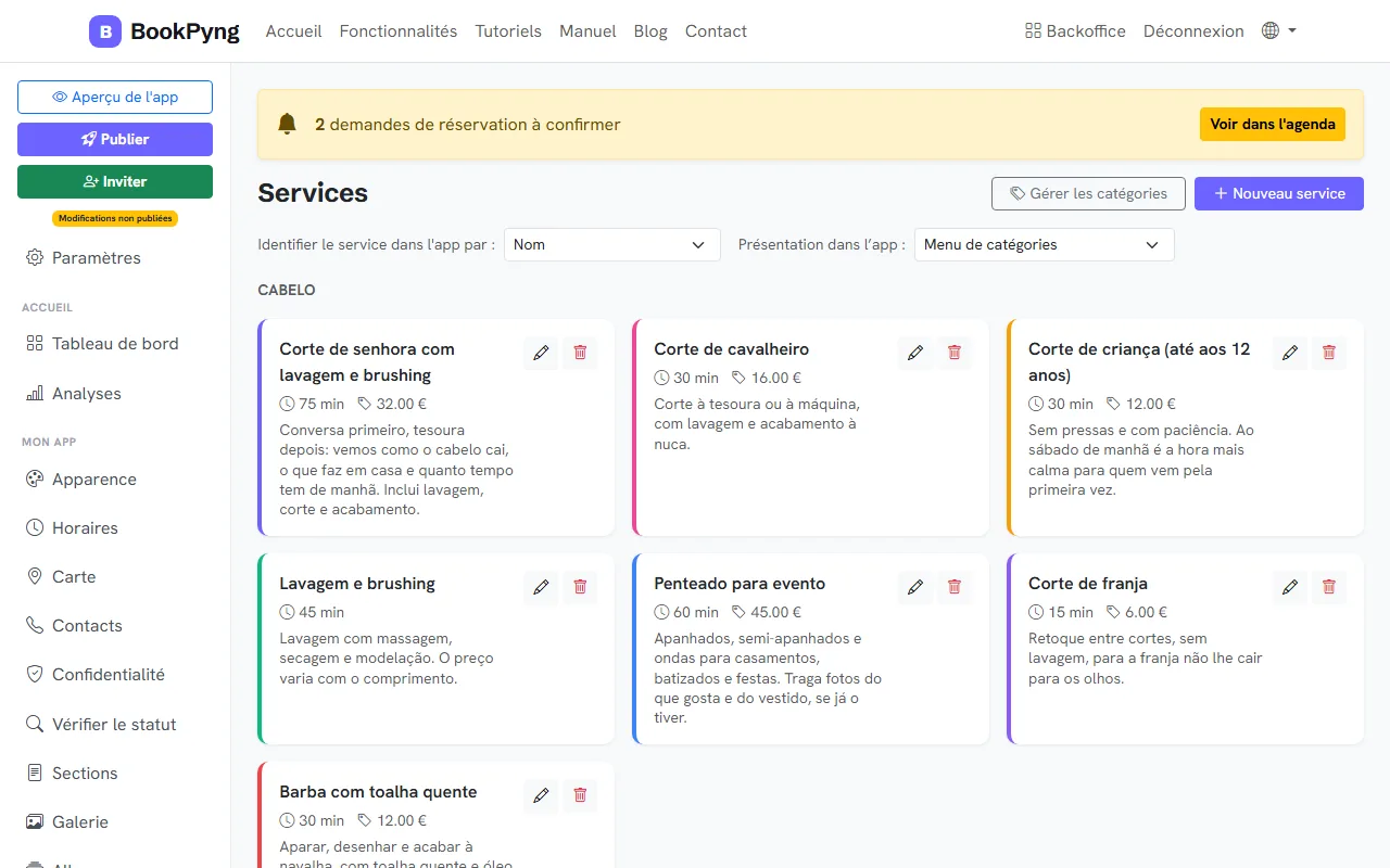 La liste des services.