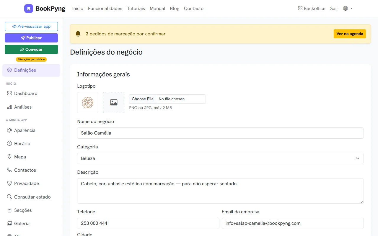 Definições do negócio.