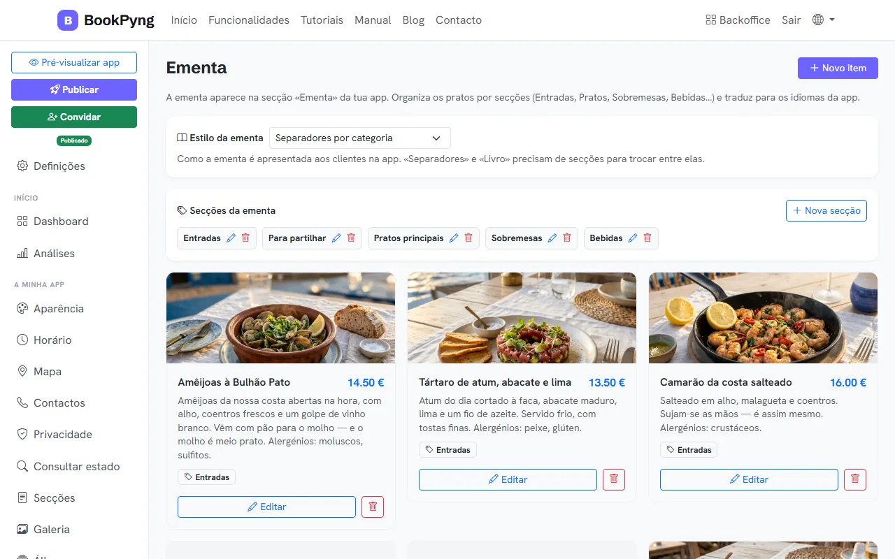 A ementa de um restaurante.