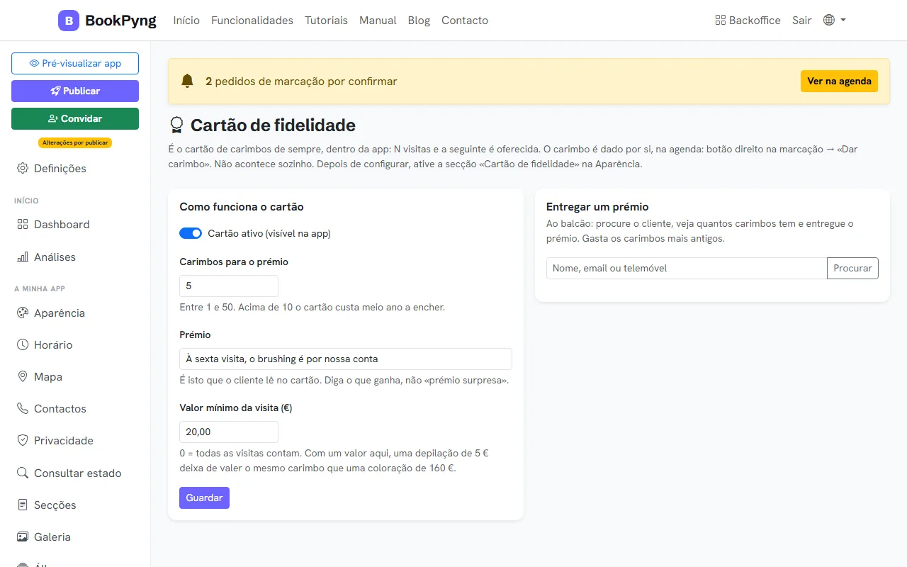 A configuração do cartão de fidelidade.