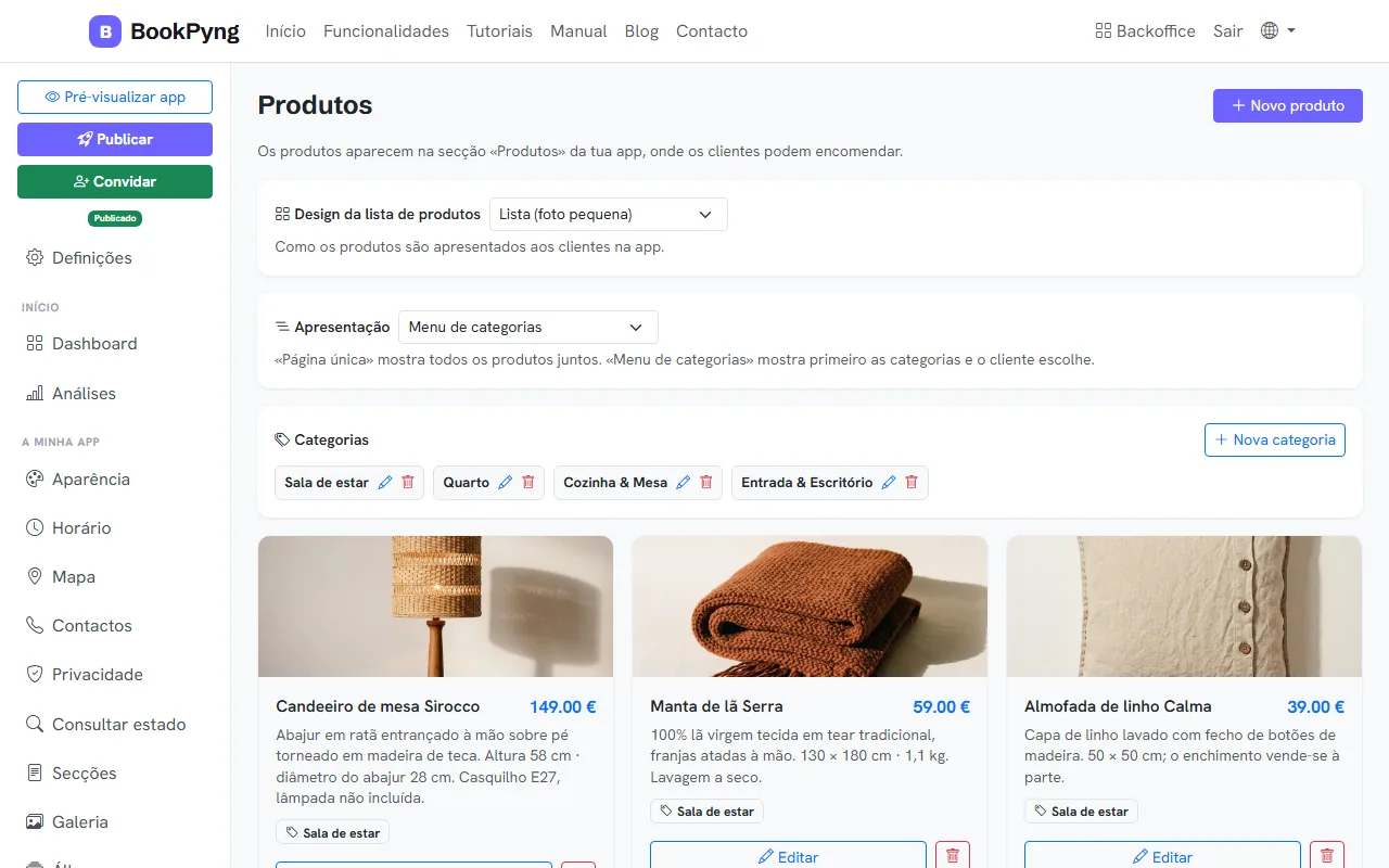 A lista de produtos.