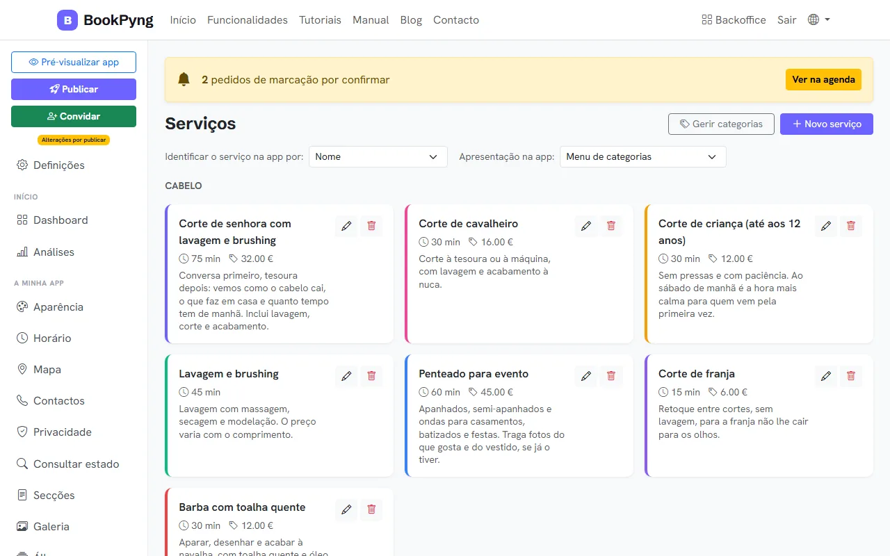 A lista de serviços.